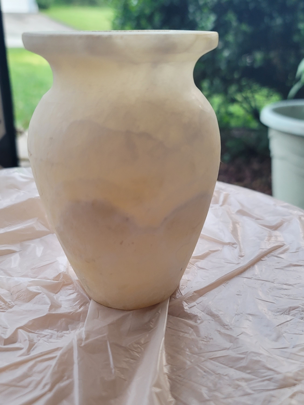 Hand Carved Stone/Alabaster Cream Low Urn Form Vase. Heavy